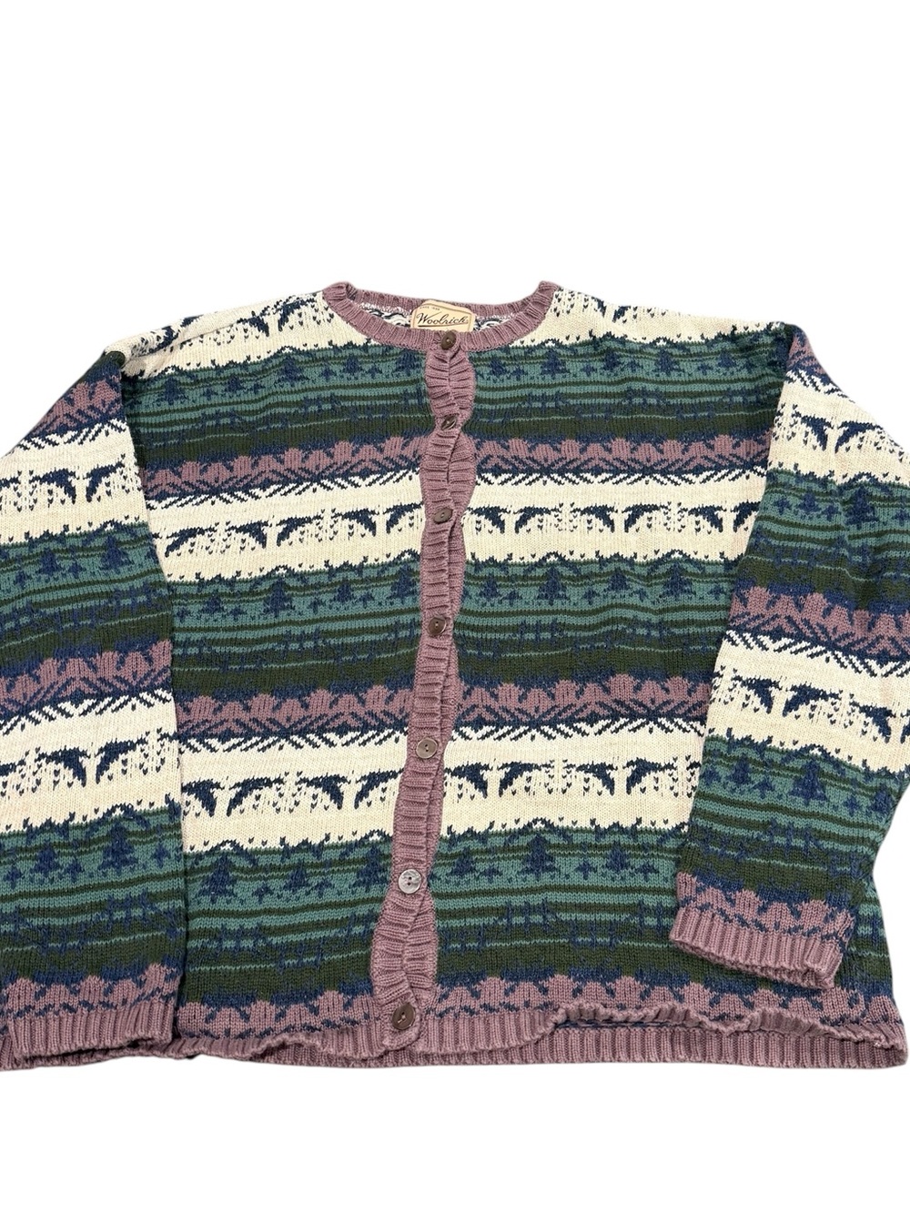 Vintage Woolrich women’s large knit cardigan sweater 90s purple green fair isle